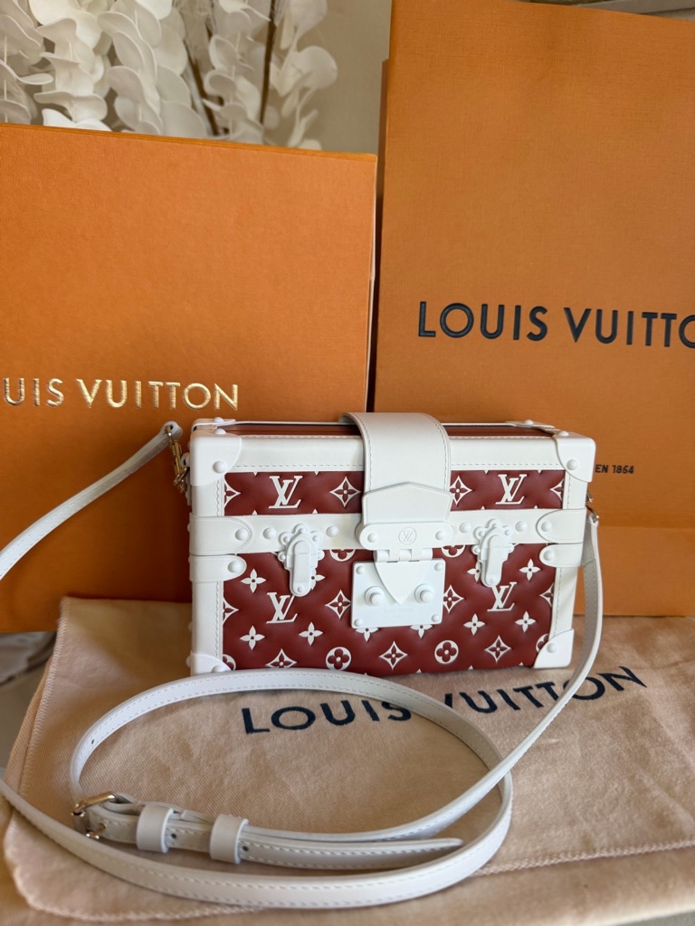 Authentic Louis Vuitton Lambskin Embossed Monogram Petite Malle Crossbody Bag